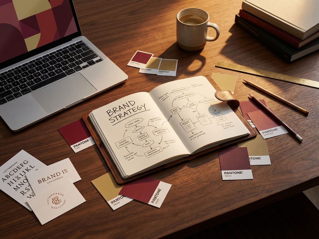 Brand strategy notebook with hand-drawn diagrams on wooden desk, surrounded by color swatches, design tools, and laptop