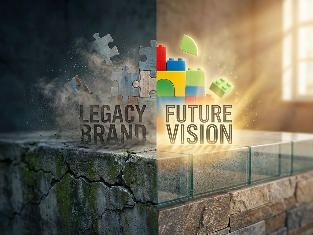 Split-screen showing crumbling brand foundation with broken pieces on left versus bright, fresh building blocks on right.