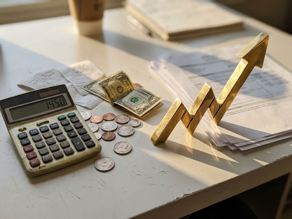 Calculator with coins and bills on white desk beside golden upward-trending arrows representing budget growth and marketing ROI.