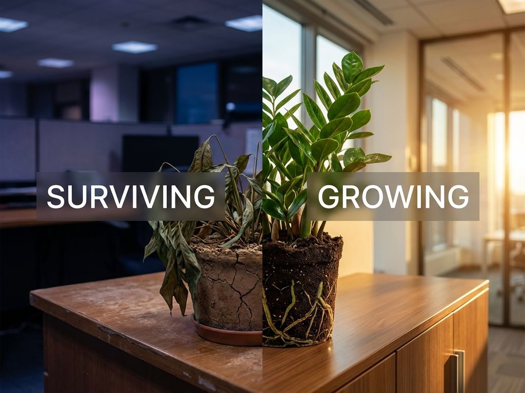Split-screen comparison: wilted plant in dry, cracked soil versus thriving plant with lush leaves in rich soil