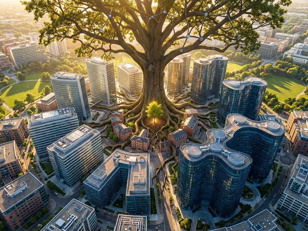 Aerial view of oak tree growing among modern office buildings, symbolizing business growth and organizational development