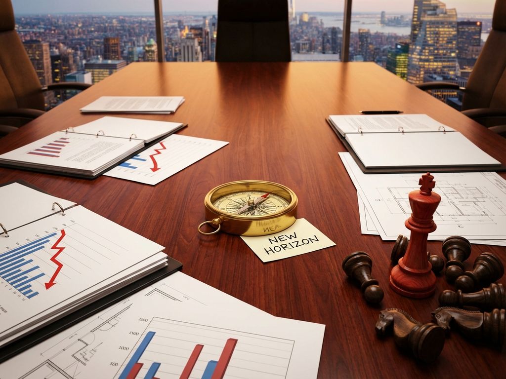 Aerial view of mahogany boardroom table with strategic documents, golden compass, and red chess king symbolizing business revival