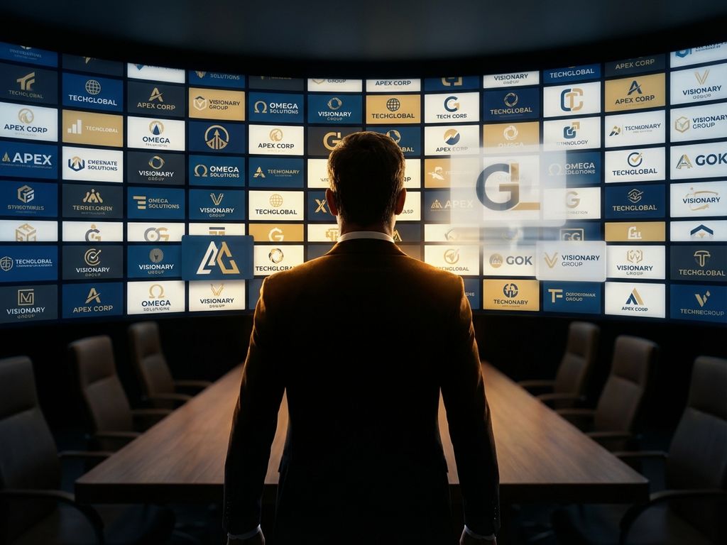 Businessman silhouette facing wall of fading brand logos in dramatic blue and gold corporate boardroom lighting