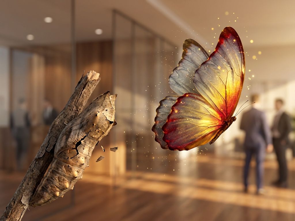 Butterfly emerging from cracked chrysalis with gradient wings transitioning from gray to gold and red against blurred backdrop
