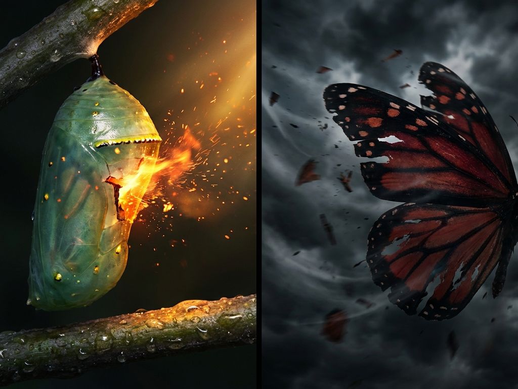 Butterfly chrysalis cracking open with golden light on left, torn butterfly wings in wind on right, dramatic transformation metaphor