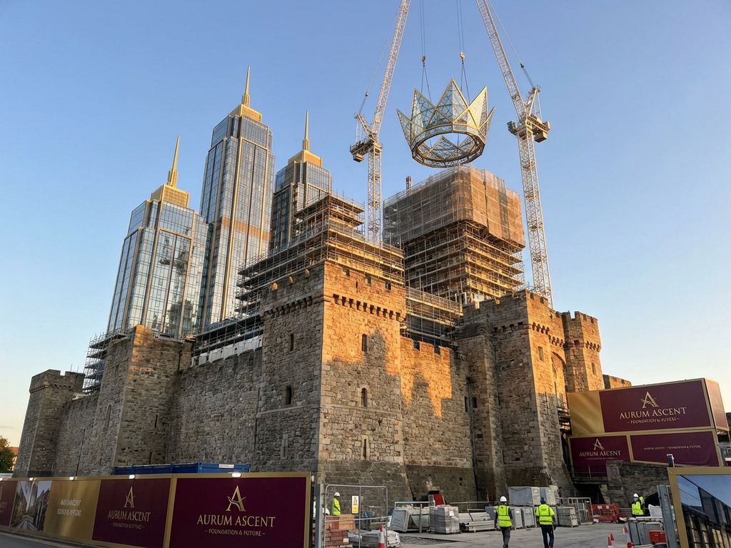 Castle foundation with stone blocks supporting modern glass towers and golden spires under construction in warm sunlight.