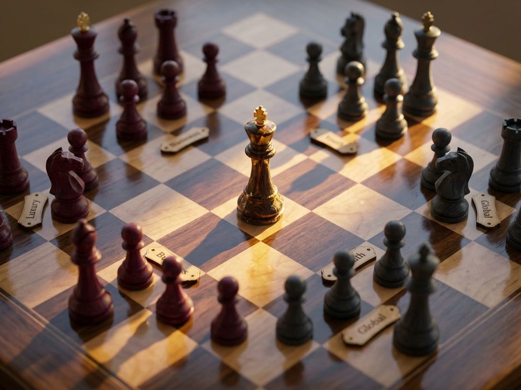 Chess king piece in sharp focus on elegant wooden chessboard with strategic pieces, warm lighting, burgundy and gold tones.