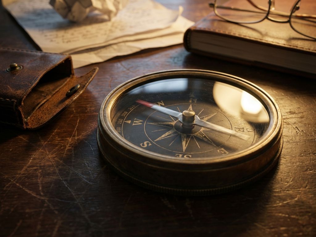 Vintage brass compass with spinning needle on wooden desk surrounded by blurred business documents in warm golden light.