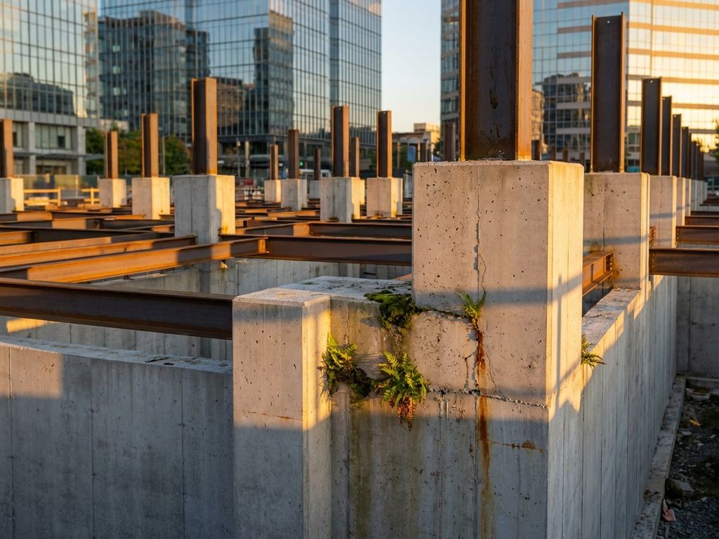 Concrete and steel architectural foundation with geometric pillars, moss growing in cracks, illuminated by golden hour sunlight.
