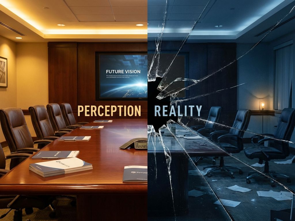 Split-screen boardroom showing polished conference table on left, empty chairs and scattered papers on right through cracked mirror effect.