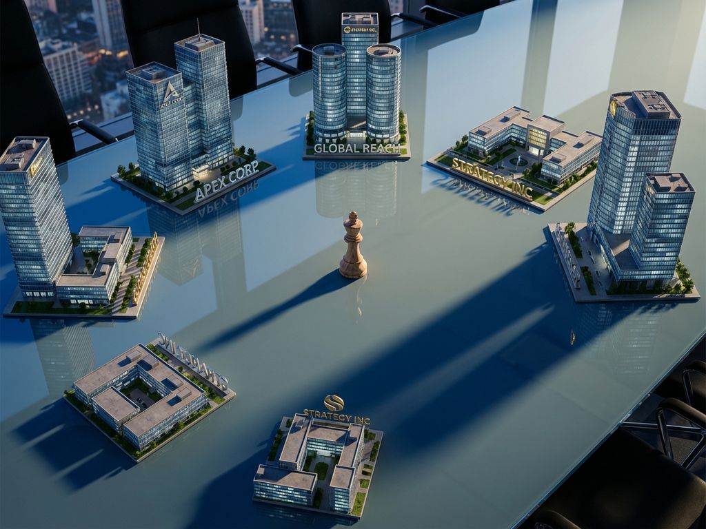 Chess king piece centered on glass boardroom table surrounded by corporate building models in dramatic blue and gold lighting.