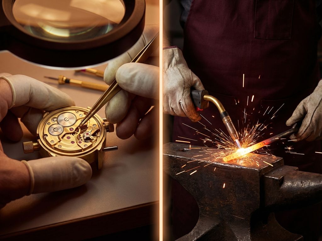 Split-screen showing hands fine-tuning Swiss watch gears on left and welding metal on anvil on right with sparks flying