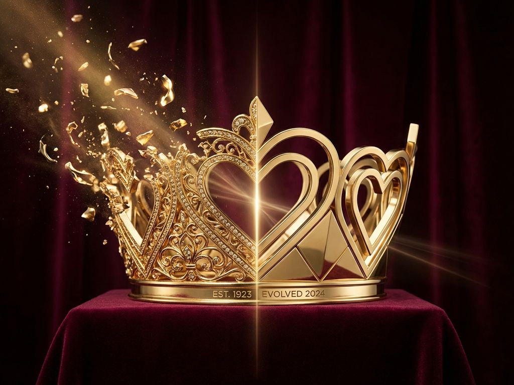 Golden heart-shaped crown transforming from ornate traditional design to sleek modern version with floating fragments