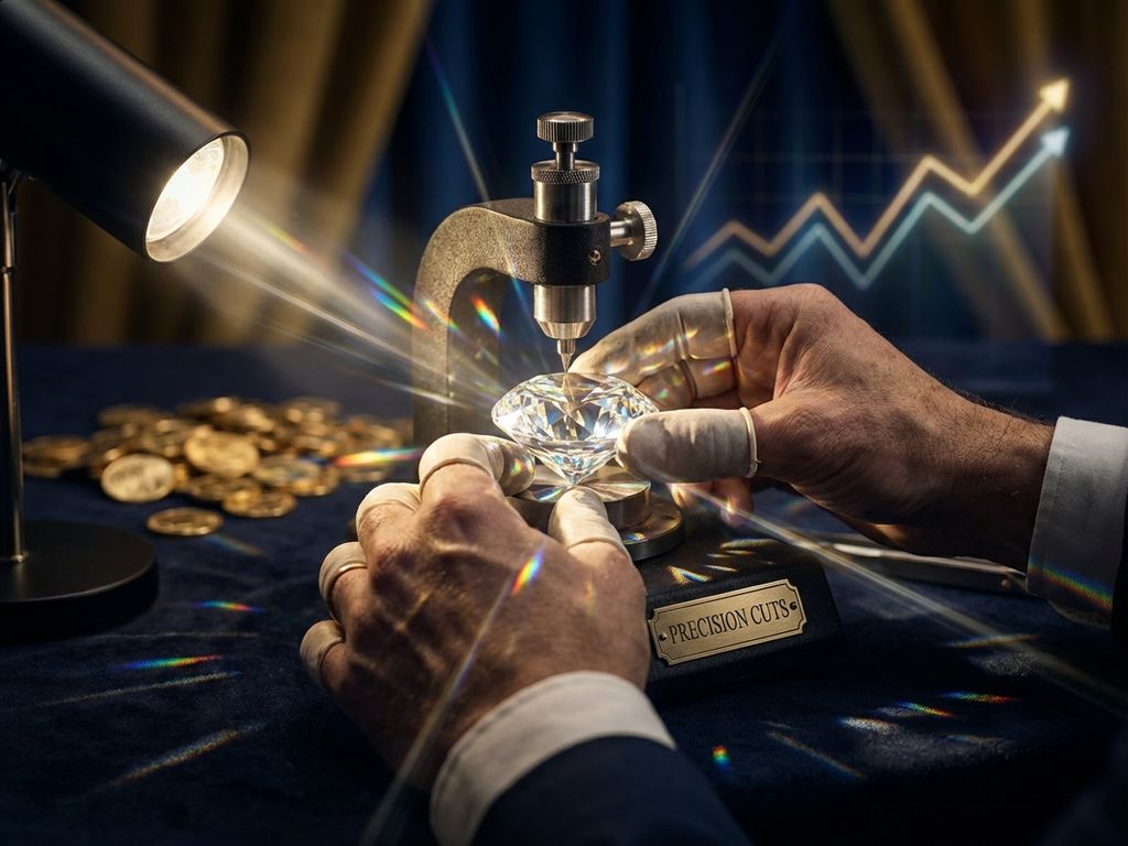 Diamond being precisely cut by expert hands with rainbow light refractions, gold coins and growth charts in background
