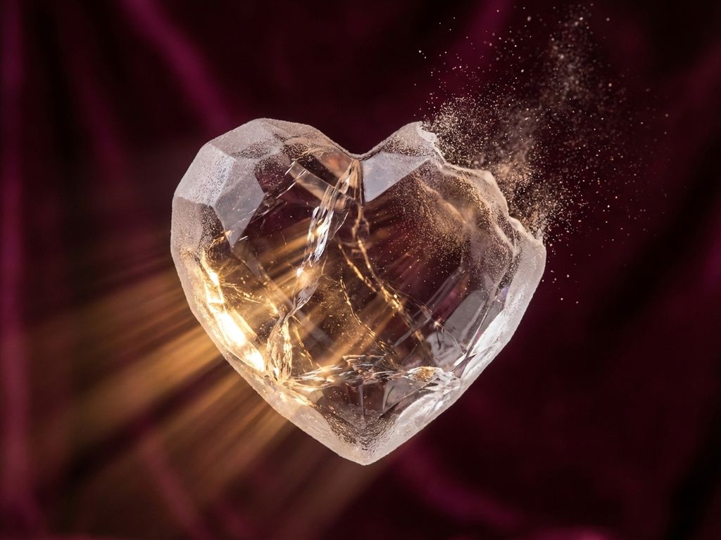 Translucent glass heart dissolving into floating particles against burgundy background with dramatic golden lighting