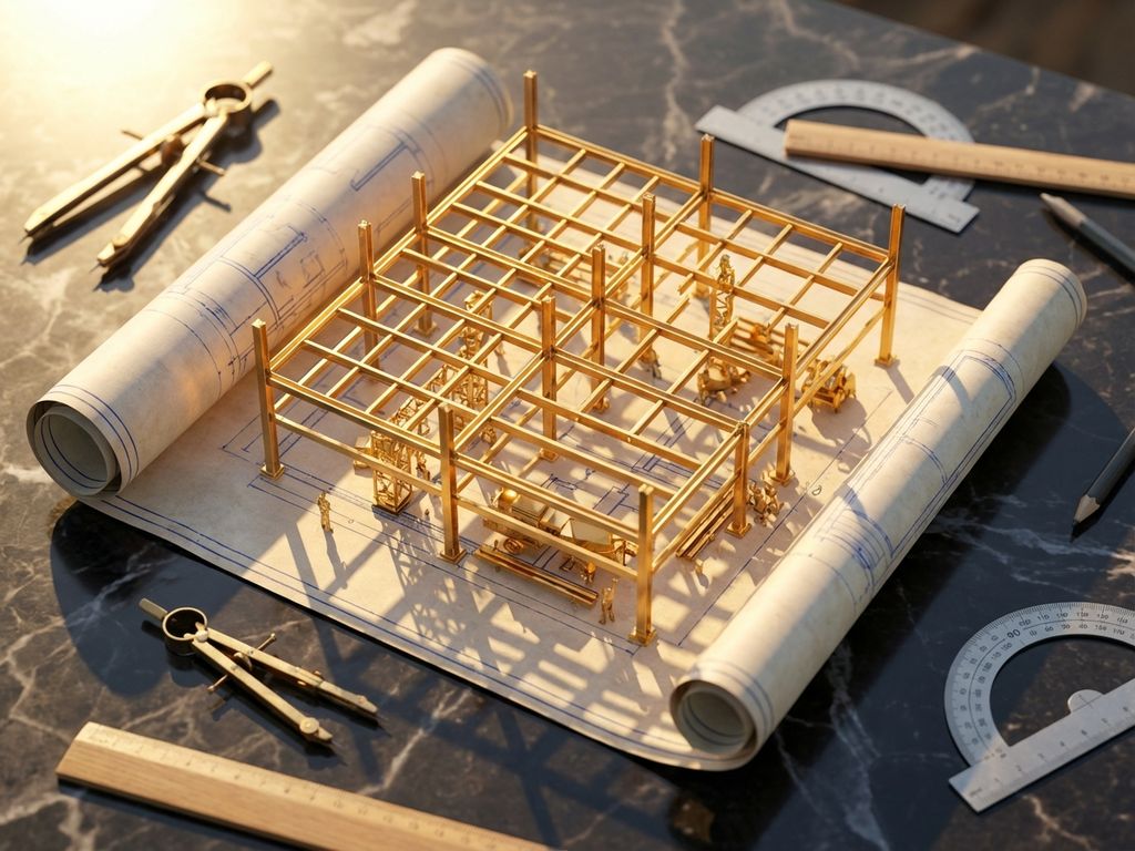 Architectural blueprints transforming into golden 3D foundation structure with construction beams, planning tools scattered around