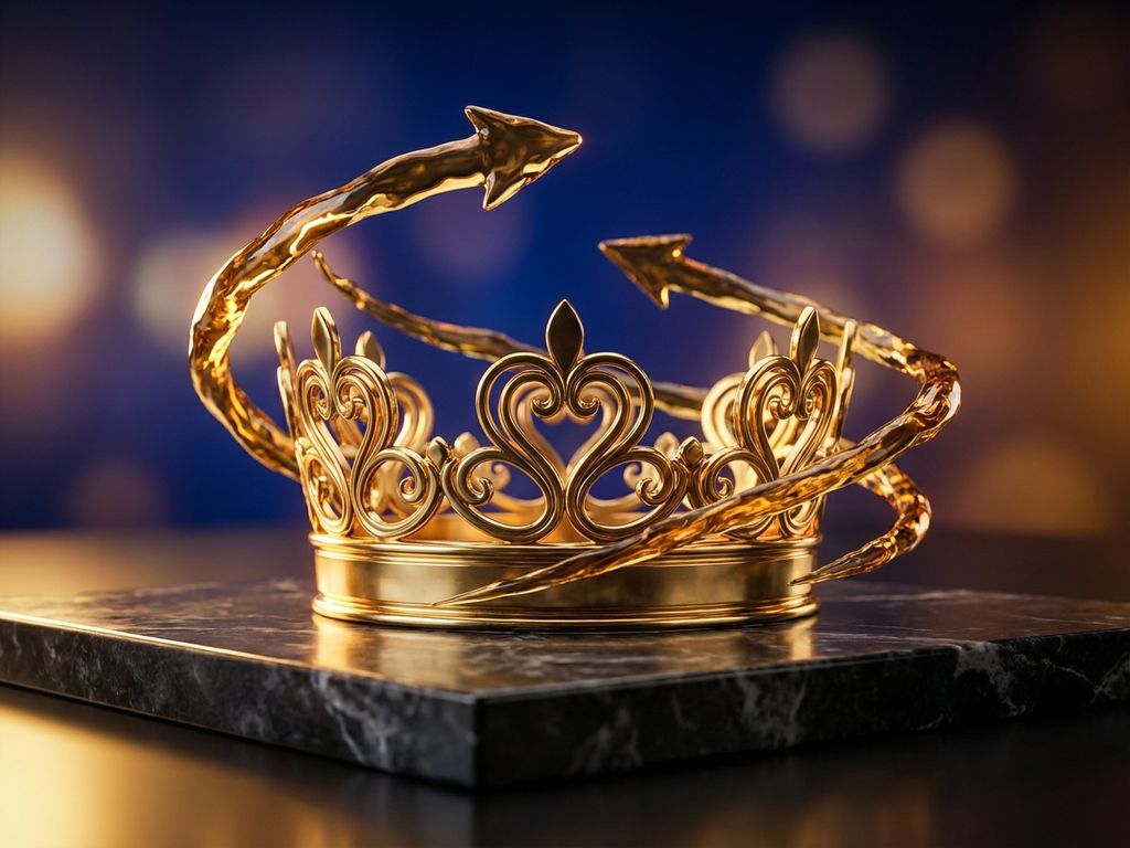 Golden crown with heart details on marble surface surrounded by spiraling liquid gold arrows symbolizing growth and momentum.