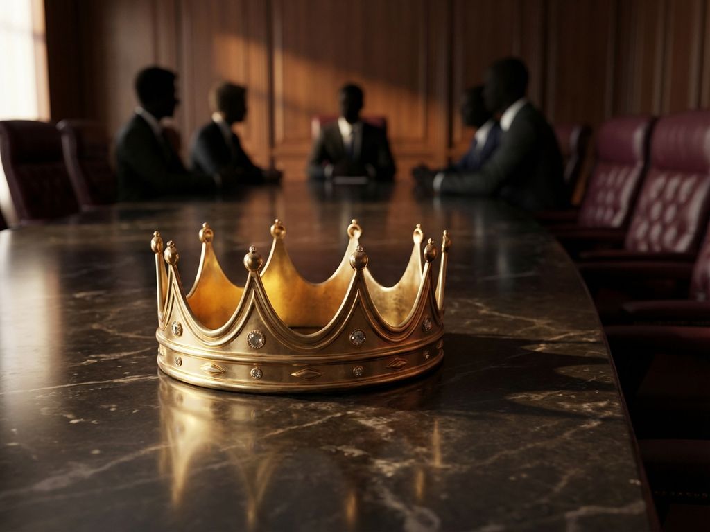 Golden crown on marble boardroom table with blurred business executives in background, symbolizing leadership authority.