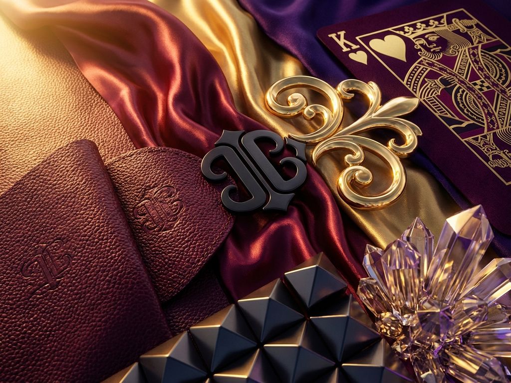 Luxurious brand elements transforming from leather to silk and gold with dramatic lighting in burgundy and gold tones.