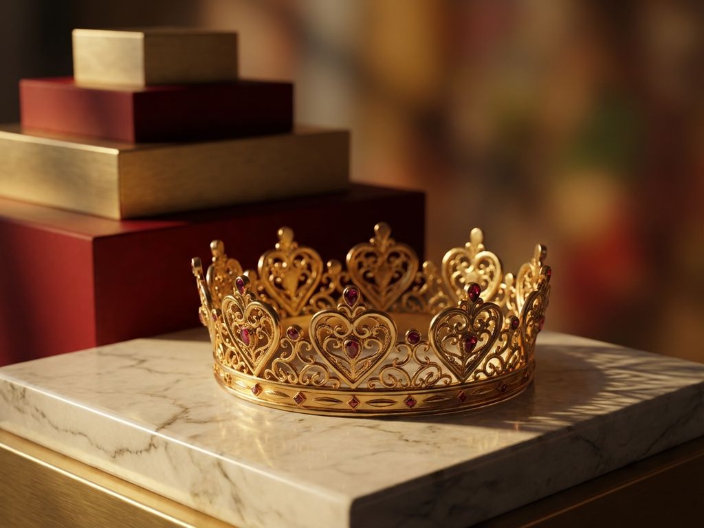 Golden crown with heart-shaped details on marble surface with dramatic lighting and blurred burgundy steps background.