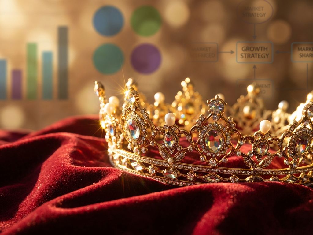 Golden crown on red velvet fabric with dramatic lighting, marketing charts blurred in background symbolizing brand excellence