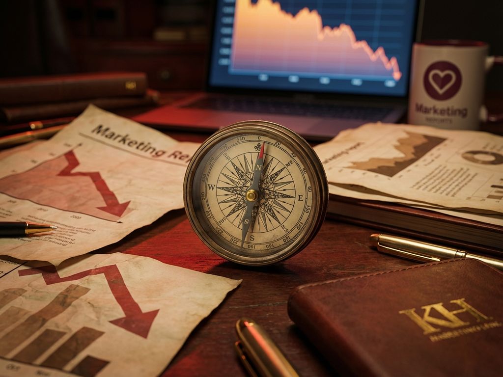 Weathered compass with spinning needle on mahogany desk with faded marketing charts and declining analytics graphs