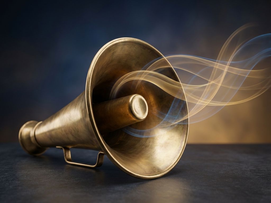Vintage brass megaphone with flowing sound waves against blue-to-gold gradient background, professional lighting highlights