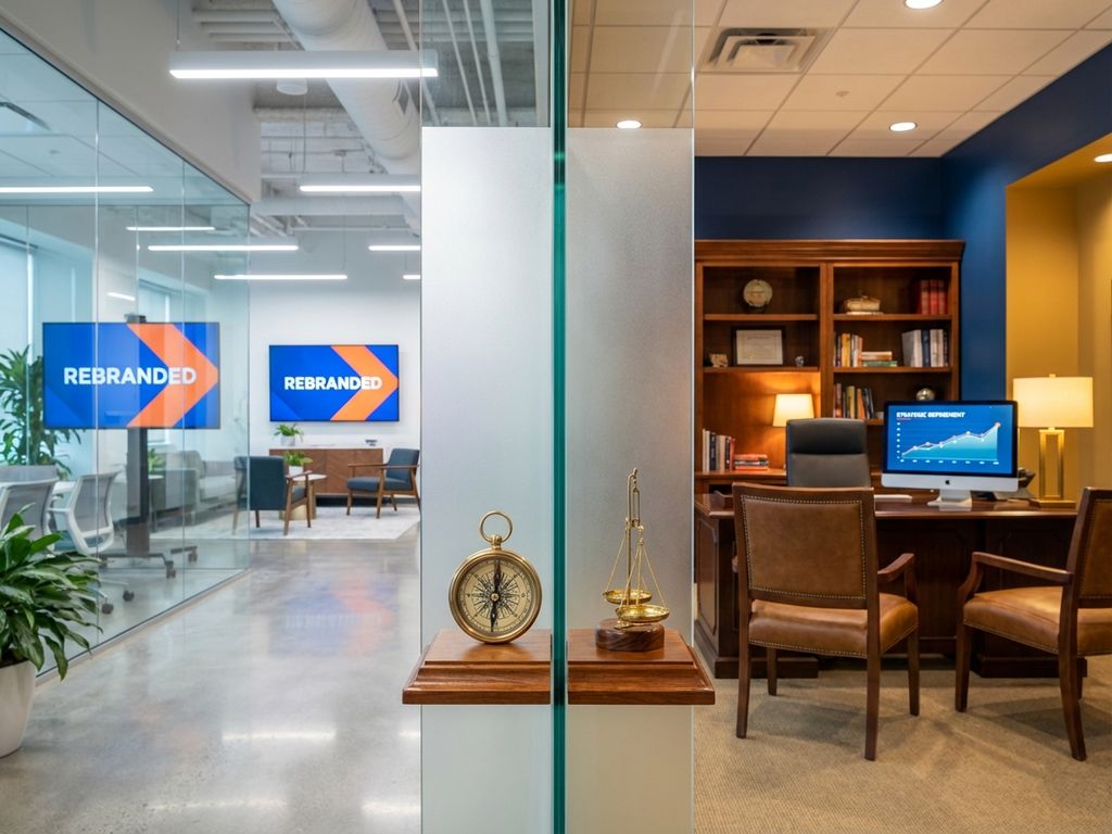 Split-screen office comparison: modern rebranded workspace on left versus refined traditional office on right with decision scale