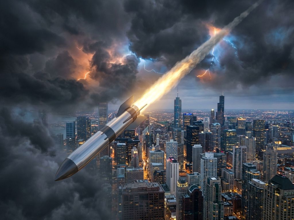 Rocket ship launching upward through storm clouds with golden trail, flying above city landscape with corporate buildings below