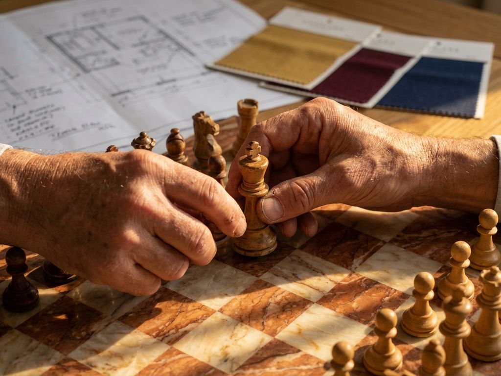 Weathered hands moving chess king piece on marble board with golden lighting and strategic planning materials in background.