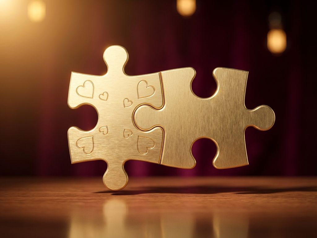 Two golden puzzle pieces interlocking perfectly with heart-shaped details on burgundy background, symbolizing connection and trust.