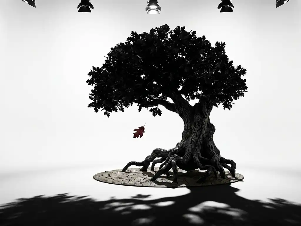 Ancient oak tree with gnarled roots gripping cracked earth, solitary crimson leaf falling against dark canopy in minimalist studio composition.