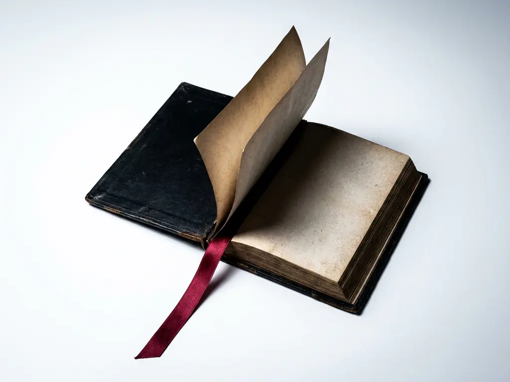 Antique leather-bound book open mid-page-turn on white surface, crimson silk ribbon bookmark trailing beside worn matte black cover.