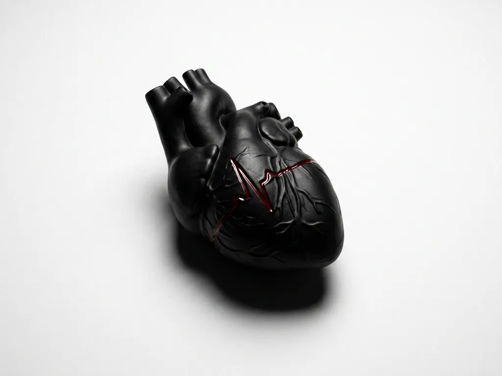 Matte black anatomical heart on white surface with a single crimson line etched across it, dramatic studio lighting and deep shadows.