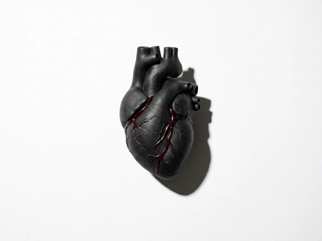 Matte black anatomical heart on white surface with a single crimson vein accent, dramatic studio lighting and deep shadows.