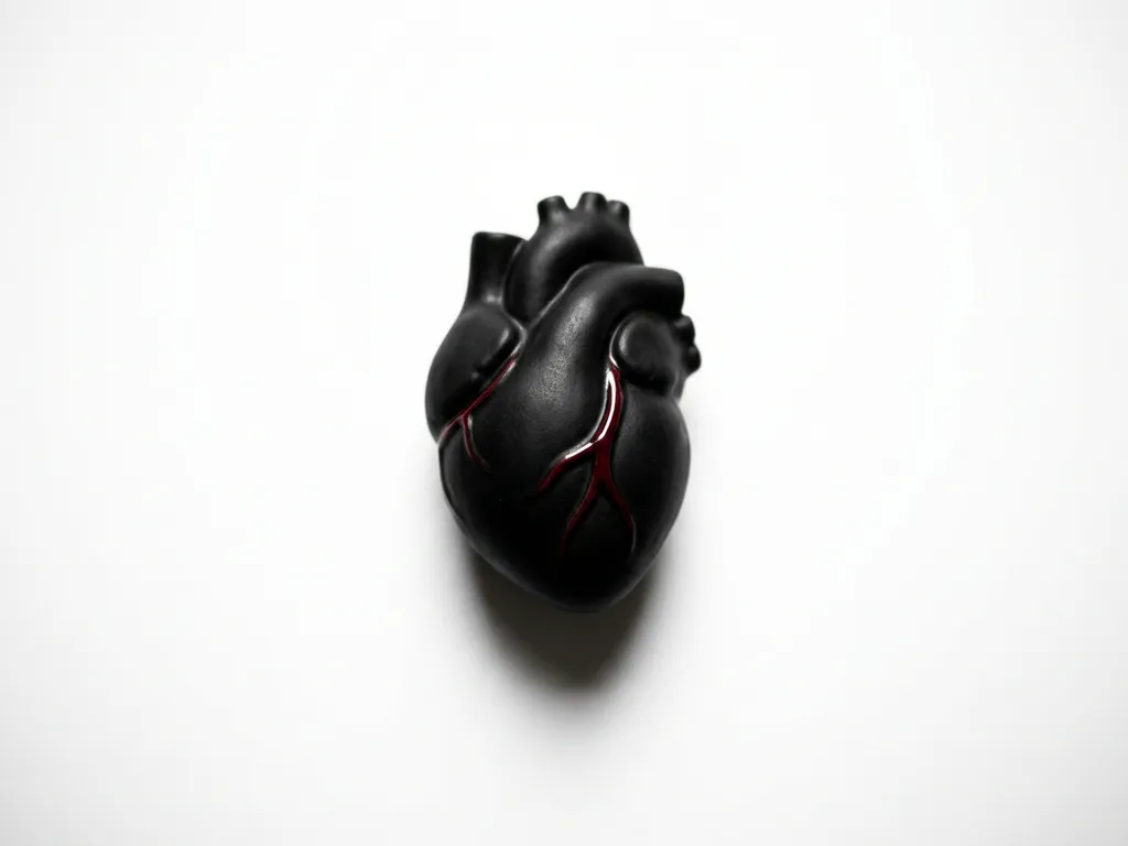 Matte black ceramic anatomical heart with a single crimson vein on a white surface, studio lighting, minimalist composition.