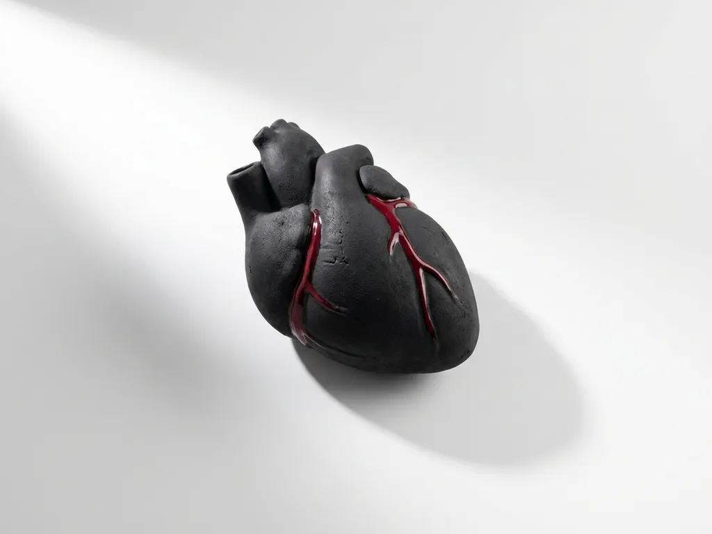 Matte black ceramic anatomical heart with a single crimson vein on a white surface, studio-lit with dramatic shadow and minimalist composition.