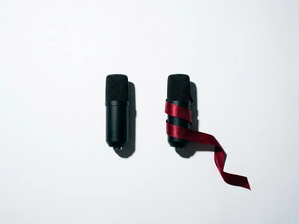 Two matte black microphones on white surface, one wrapped in a crimson silk ribbon, studio flat lay with dramatic shadows.