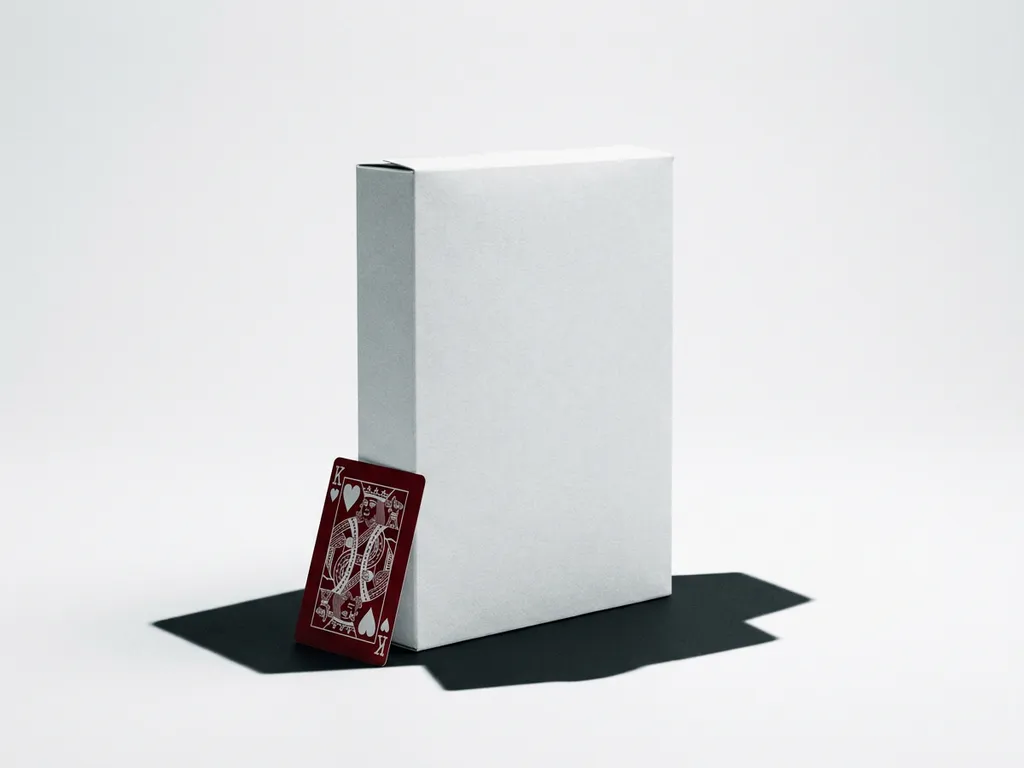 Plain white cereal box with a crimson king of hearts playing card leaning against it on a white surface under studio lighting.