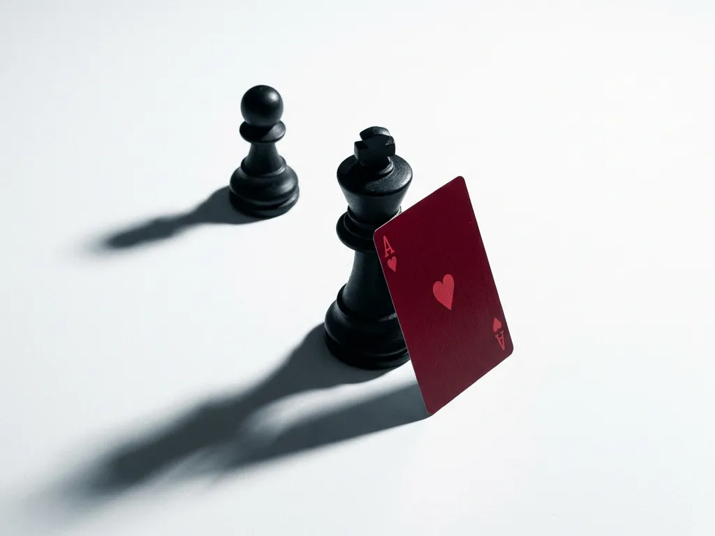 Matte black chess king and pawn on white surface, ace of hearts card leaning against king, long shadows under studio lighting.