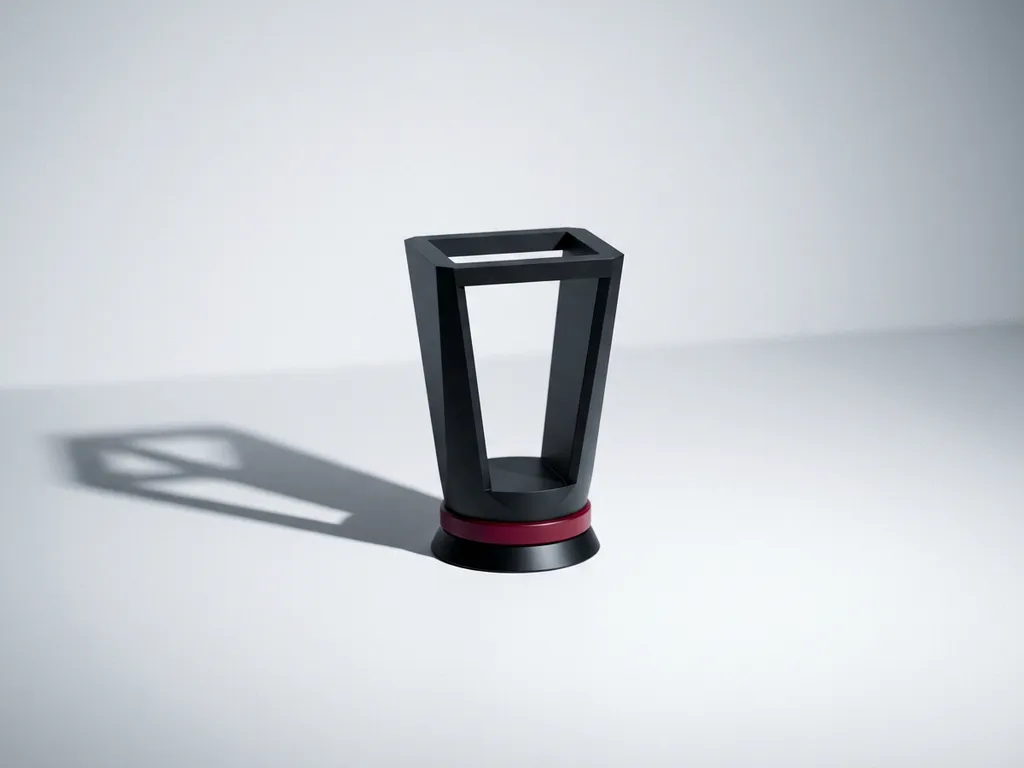 Hollow matte black corporate trophy with crimson base ring casting a dramatic shadow on a white studio surface.
