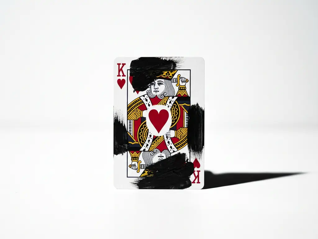 King of Hearts playing card standing upright, face partially covered in matte black brushstrokes with one crimson heart symbol exposed at center.