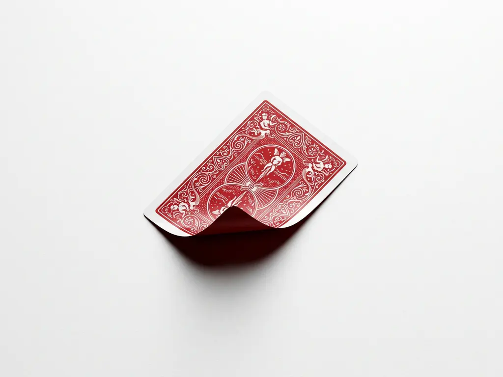King of Hearts playing card face down on white surface, crimson corner slightly lifted, dramatic shadows, flat lay view.