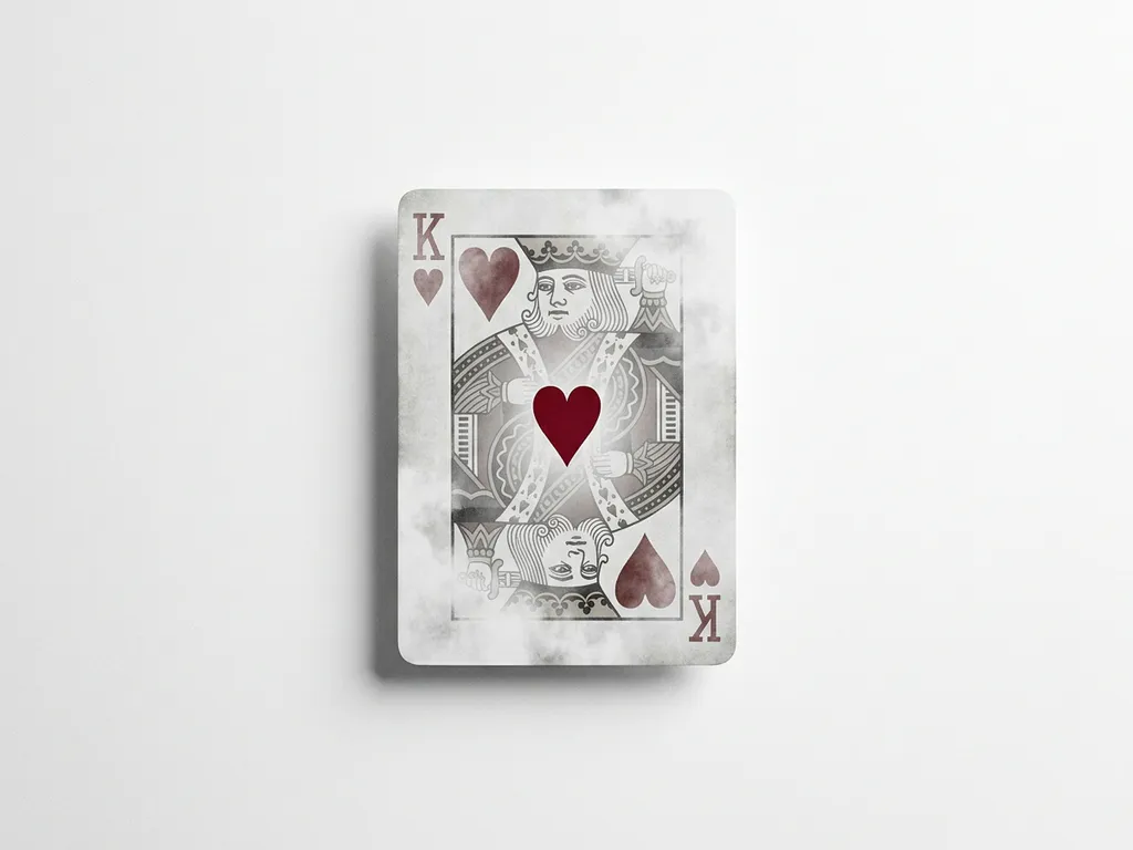 King of Hearts playing card fading at the edges on white surface, single crimson heart vivid at center, studio flat lay.