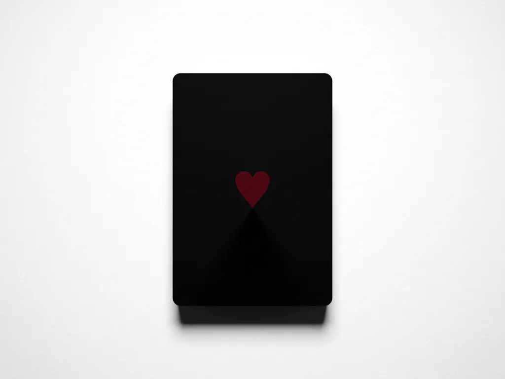 King of Hearts playing card standing upright on white surface, matte black finish with crimson heart symbol, dramatic studio lighting.