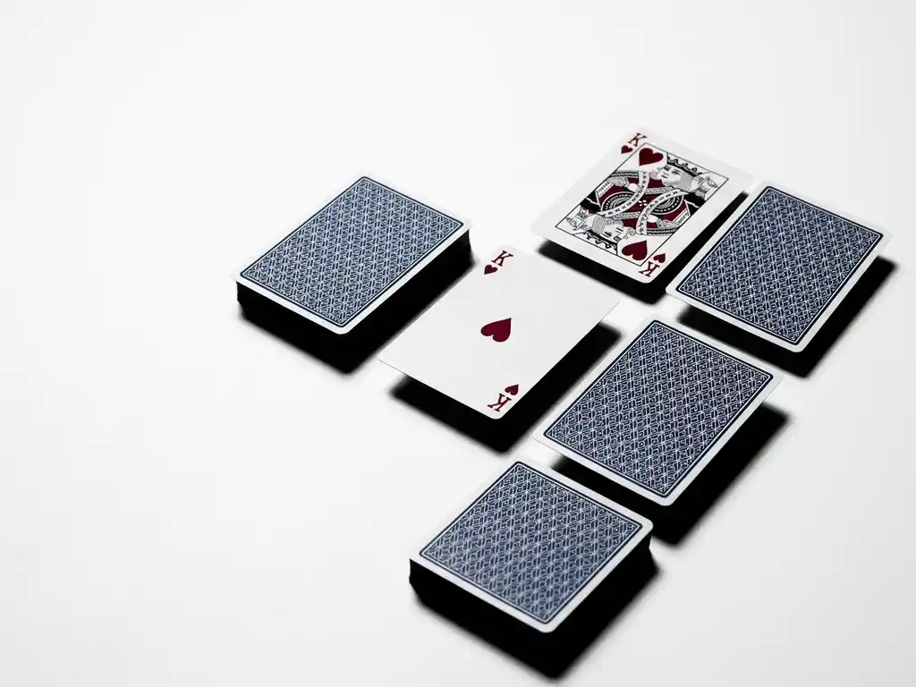 King of Hearts playing card face-up among face-down cards on white surface, crimson heart suit highlighted under dramatic studio lighting.