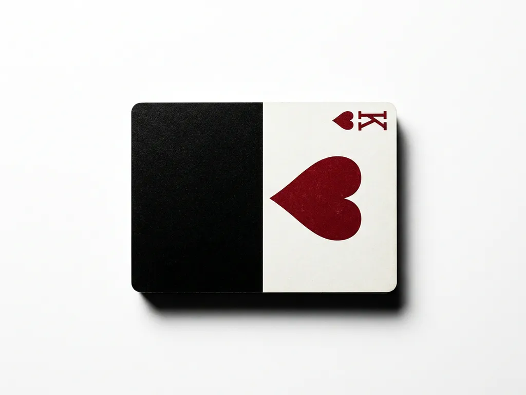 King of Hearts playing card face-up on white surface, split between matte black finish and deep crimson heart symbol.
