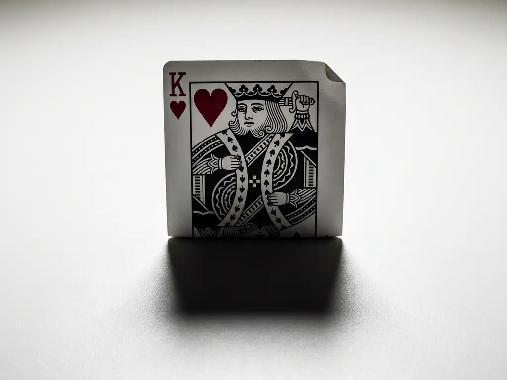 King of Hearts playing card standing upright on white surface, corner slightly bent, casting sharp shadow under dramatic studio lighting.