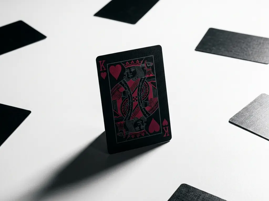 King of Hearts playing card standing upright among face-down deck on white surface, dramatic studio lighting with deep shadows.