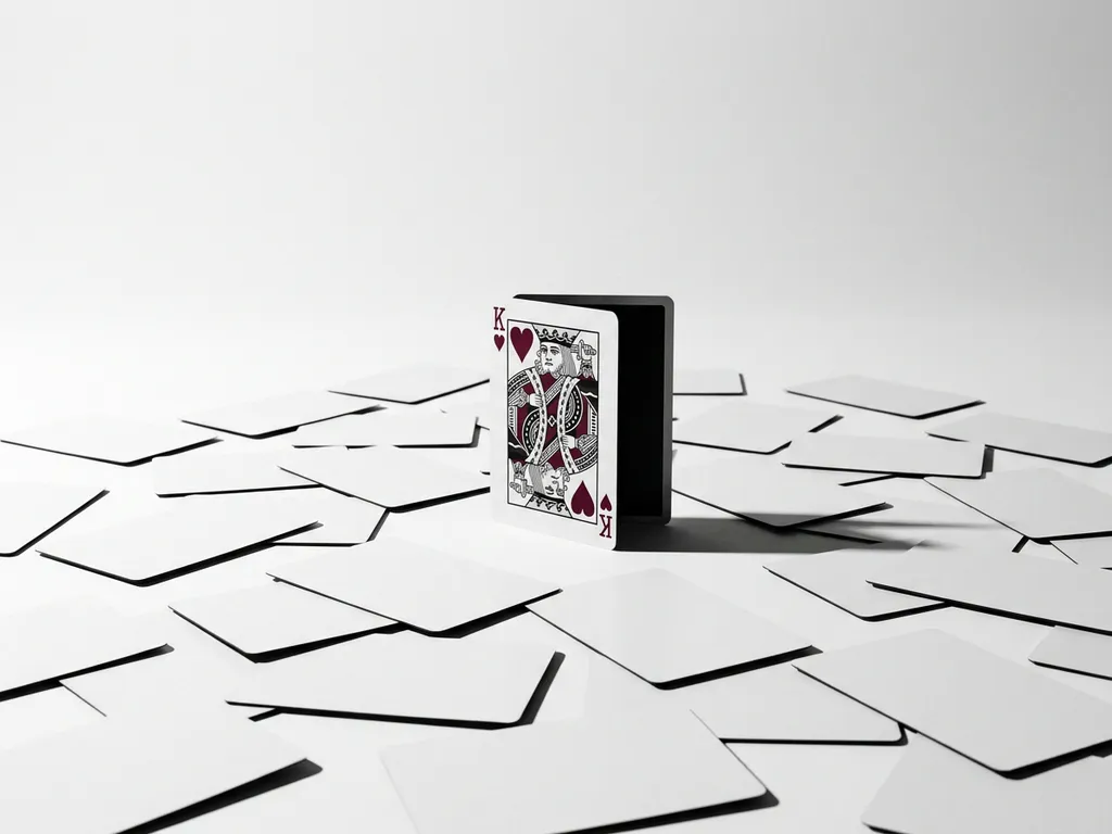 King of Hearts playing card standing upright among scattered blank white cards on a seamless surface, matte black back, crimson heart detail, studio lighting.